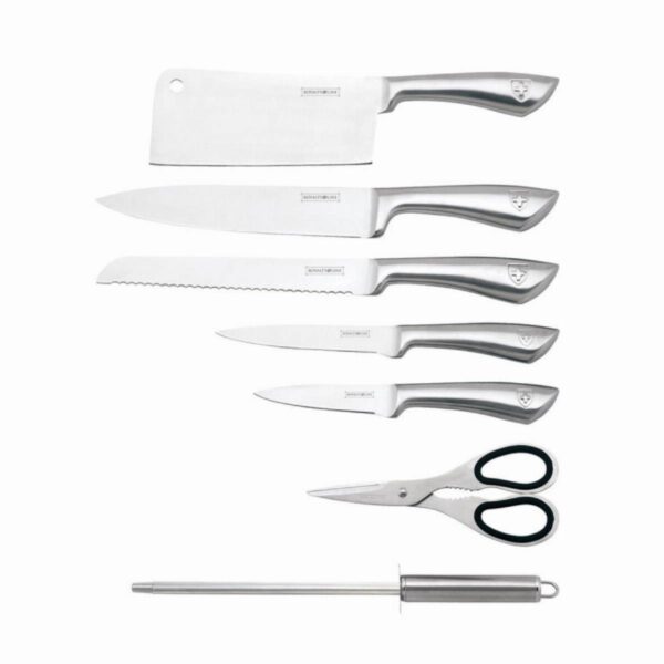 Комплект ножове с точило и ножица Royalty Line RL-KSS600, 8 части, Поставка, Неръждаема стомана - Technomani