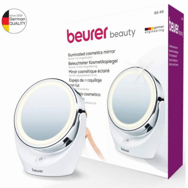 Козметично огледало Beurer BS 49, 11 см, LED светлина, Хромирано покритие, Въртящо, Бял - Technomani