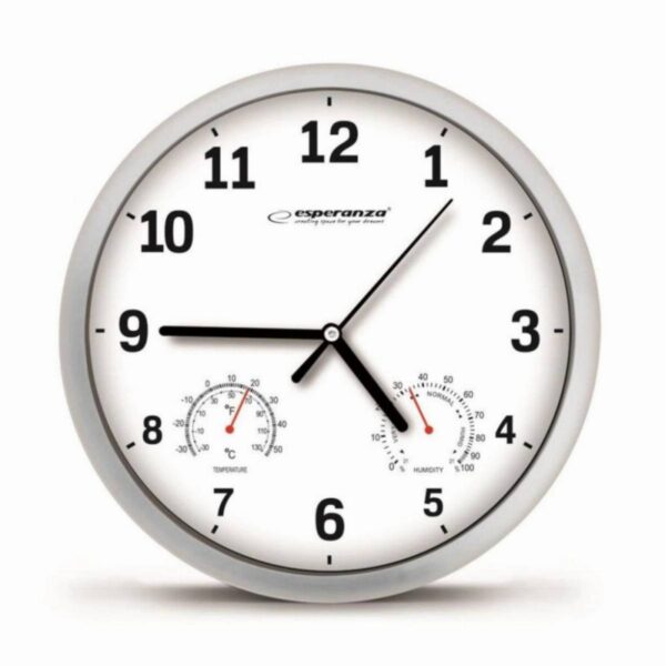 Стенен часовник Esperanza Lyon EHC016W, 25 см, Влагомер, Термометър, Бял - Technomani