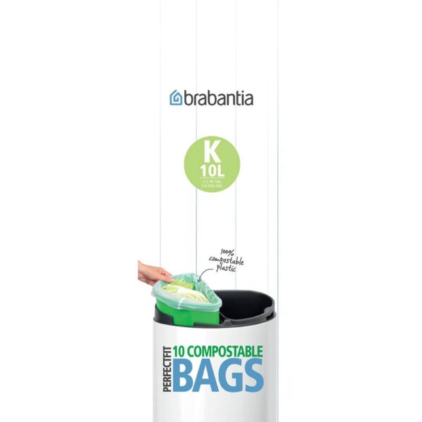 Торба за кош Brabantia PerfectFit Touch размер K, 10L, 10 броя, зелени, биоразградими, ролка - Technomani