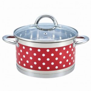 Тенджера Rosberg R51210I18, 18 см, 2.6 литра, Двойно дъно, Индукция, Инокс/червен с бели точки - Technomani