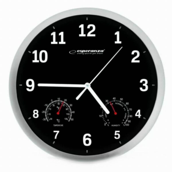 Стенен часовник Esperanza Lyon EHC016K, 25 см, Влагомер, Термометър, Черен - Technomani