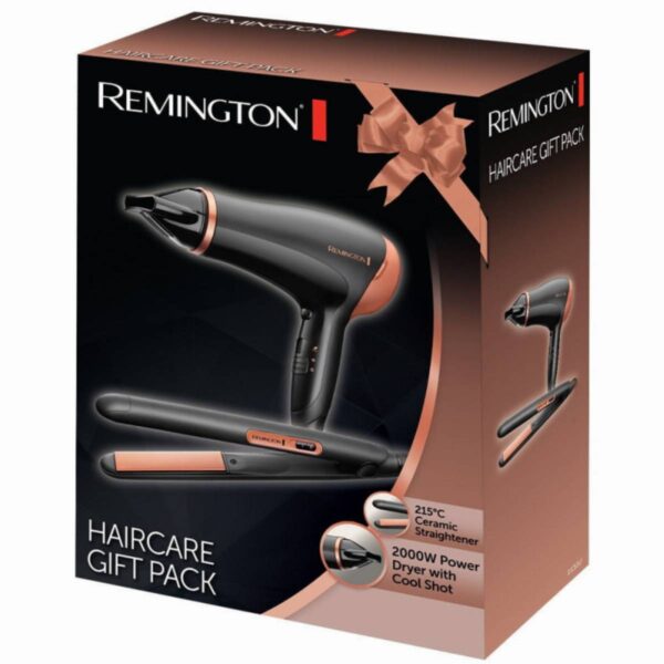 Комплект преса за коса и сешоар Remington D3012GP, Керамично покритие, Черен/златист - Technomani