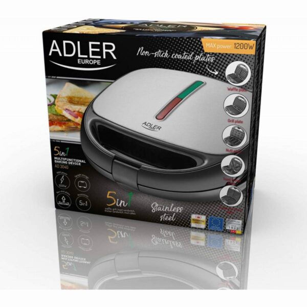 Уред за сандвичи и десерти Adler AD 3040, 1200W, 5 вида плочи, Незалепващо покритие, Черен/инокс - Technomani