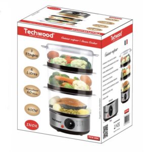 Уред за готвене на пара Techwood TCV-364 Уред за готвене на пара Techwood TCV-364, 400W, 3 нива, 6 литра, Таймер 60 мин, Инокс - Technomani