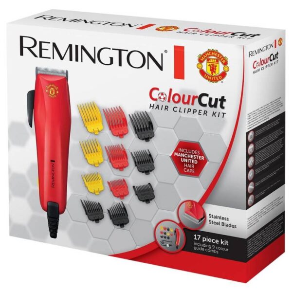 Машинка за подстригване Remington HC5038 ColorCut Manchester United, 11 гребена, Наметало за подстригване, Червена - Technomani