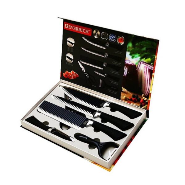 Комплект ножове Everrich GS-06A008C, 6 части, Гумирана дръжка, Кутия, Черен - Technomani