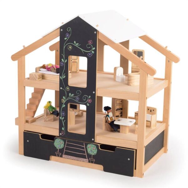 Bigjigs – Отворена дървена куклена къща – Обзаведена - Technomani