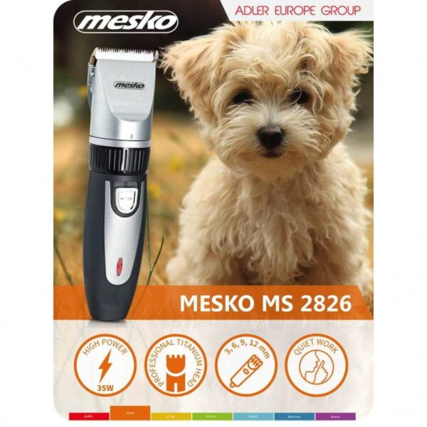Машинка за подстригване на кучета Mesko MS 2826, 35W, Безжична, Титан с керамично острие, Черен/сребрист - Technomani
