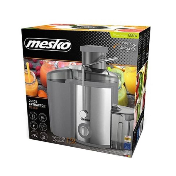 Сокоизстисквачка Mesko MS 4126, 600W, Пулп: 1.5l, Сок: 0.45l, 65 мм тръба, 2 скорости, Инокс/сив - Technomani