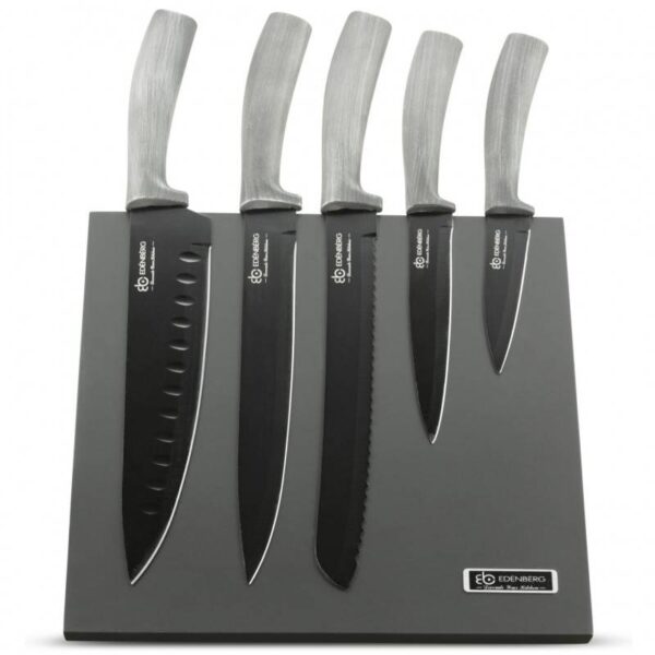 Комплект ножове с магнитна стойка Edenberg EB-957, 6 ч, Мраморно покритие, Сив - Technomani