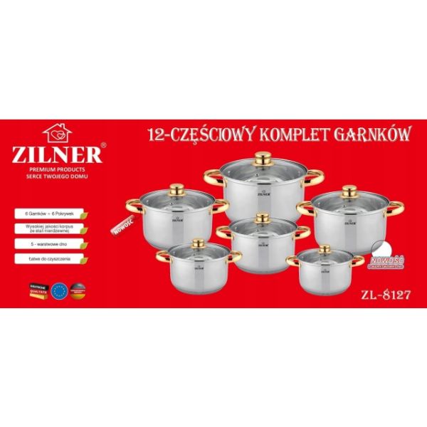 Луксозен комплект съдове за готвене 12 части ZILNER ZL-8127, многослойно дъно, неръждаема стомана, незалепващо покритие