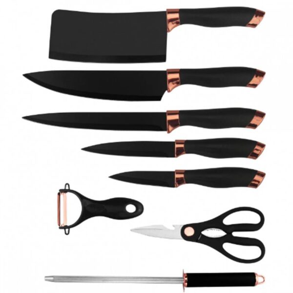 Комплект ножове с точило и ножица HausRoland HR621-1, 9 ч, Стойка, Черен/Розово злато - Technomani