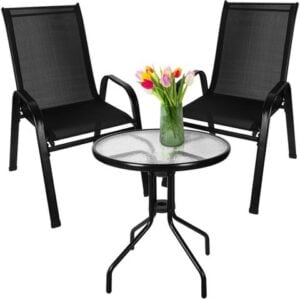 Градински комплект маса с два стола, закалено стъкло, подсилени столове