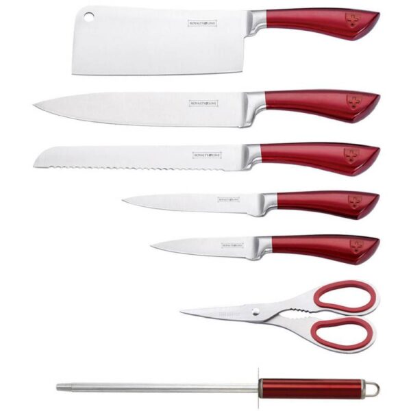 Комплект ножове с точило и ножица Royalty Line RL KSS804, 8 части, Поставка, Неръждаема стомана, Червен - Technomani