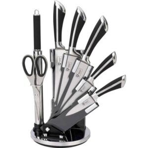 Комплект стоманени ножове на стойка Royalty Line RL-KSS700, 8 части, Точило и ножица, Черен/инокс - Technomani