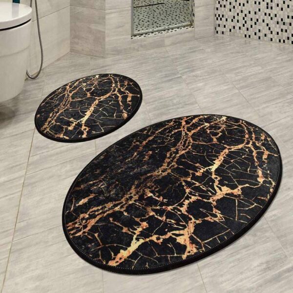 Комплект килими за баня Chilai Home 359CHL2402, 2 части, 100% антибактериална кадифена материя, Черен/златист - Technomani