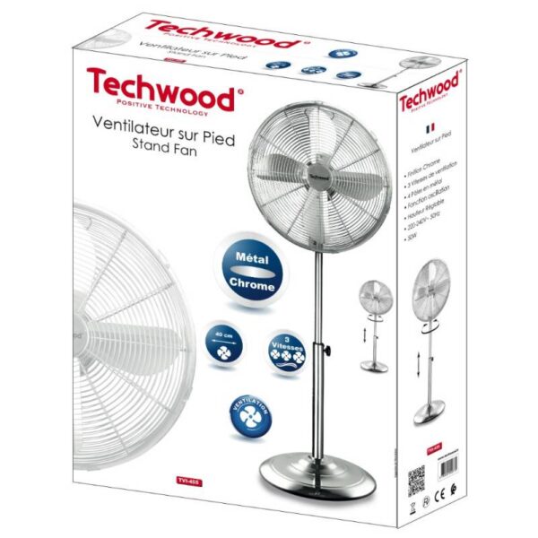 Вентилатор на стойка Techwood TVI-455, 50W, 3 скорости, 4 метални перки, Хромиран,Сребрист - Technomani