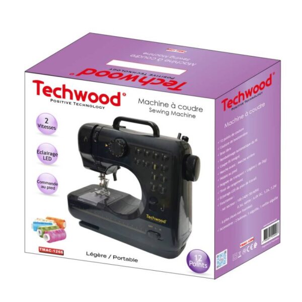 Шевна машина Techwood TMAC-1266, 10 програми, Мрежово зареждане или батерии, LED подсветка, Черен - Technomani