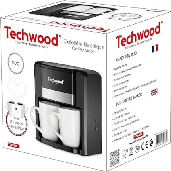 Кафемашина с две чаши Techwood TCA-206, 500W, Перманентен филтър, Черен - Technomani
