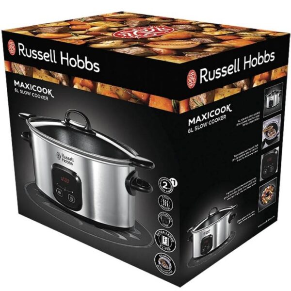 Уред за бавно готвене Russell Hobbs MaxiCook 22750-56, 200 W, 6 l, 3 температурни настройки, Таймер, Подвижна тенджера, Сребрист/черен - Technomani