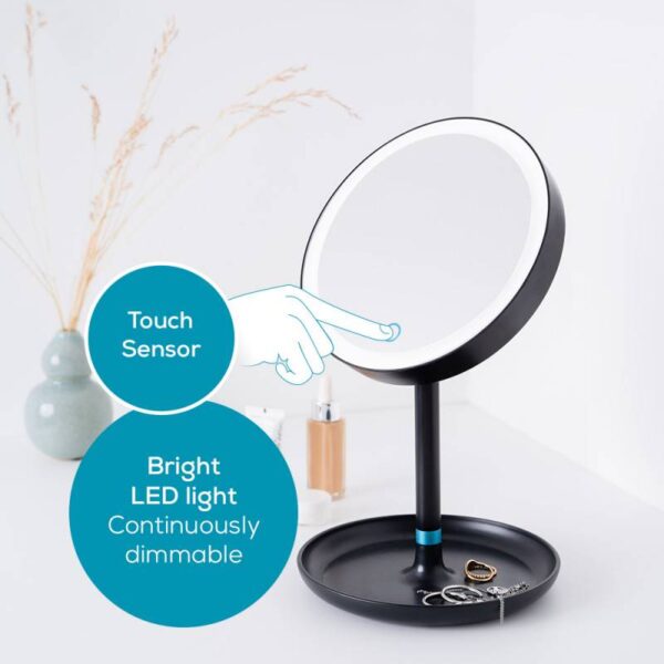 Козметично огледало Beurer BS 45, 17.5 см, LED светлина, Петорно увеличение, Сензор за допир, Функция затъмняване, Черен - Technomani