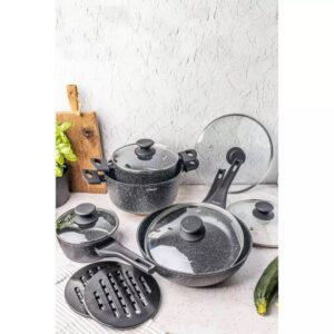 Комплект тенджери и тигани Klausberg KB 7657 Комплект тенджери и тигани Klausberg KB 7657, 12 части, Mраморно покритие, Индукция, Черен - Technomani