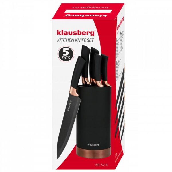 Комплект ножове със стойка Klausberg KB 7614, 6 ч, Неръждаема стомана, Черен/Мед - Technomani