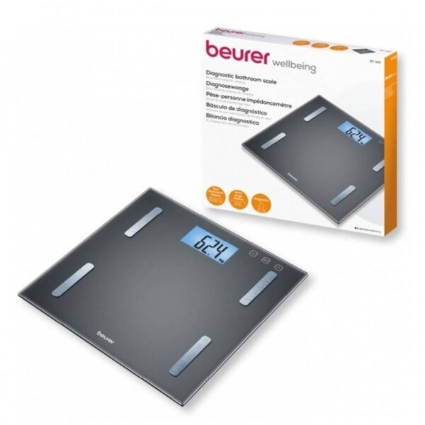 Кантар Beurer BF 180, 180 кг, Индекс на телесна мазнина, До 10 запаметявания, LED дисплей, Закалено стъкло, Черен - Technomani