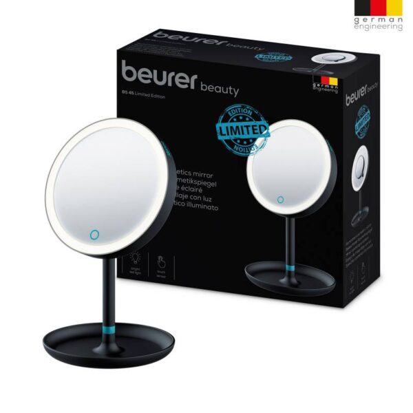 Козметично огледало Beurer BS 45, 17.5 см, LED светлина, Петорно увеличение, Сензор за допир, Функция затъмняване, Черен - Technomani