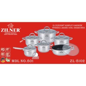 Готварски комплект от 12 части ZILNER PREMIUM ZL-8102 Готварски комплект от 12 части ZILNER PREMIUM ZL-8102, Неръждаема стомана, Индукционни, Инокс