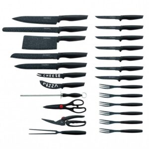 Комплект ножове и прибори за хранене Royalty Line RL-MB24B, 24 части, Антибактериално мраморно покритие, Луксозен дизайн, Черен - Technomani