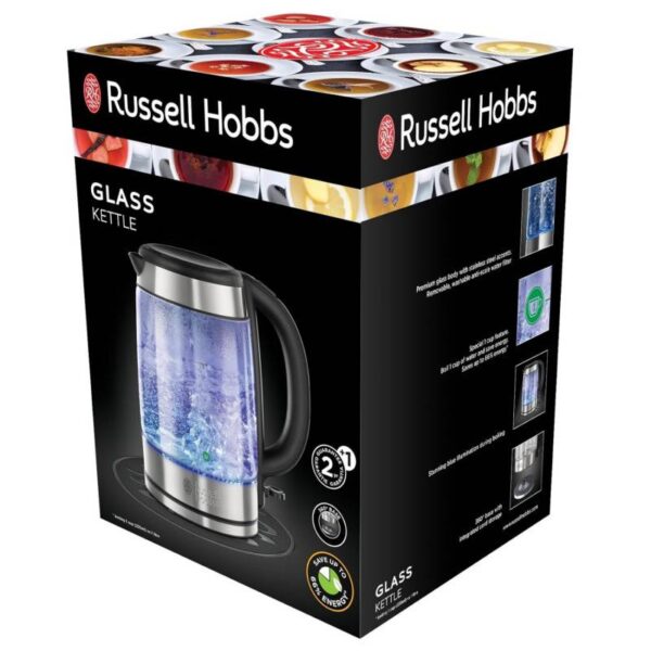 Стъклена електрическа кана с филтър Russell Hobbs Clarity 21600-57, 2200W, 1,7L, Осветена, Скрит нагревател, Автоматично изключване, Инокс - Technomani