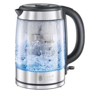 Стъклена електрическа кана с филтър Russell Hobbs Clarity 20760-57, 2200W, 1L, Осветена, Скрит нагревател, SCHOTT DURAN, Филтър BRITA, Инокс - Technomani