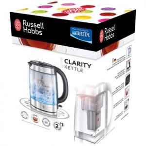 Стъклена електрическа кана с филтър Russell Hobbs Clarity 20760-57, 2200W, 1L, Осветена, Скрит нагревател, SCHOTT DURAN, Филтър BRITA, Инокс - Technomani