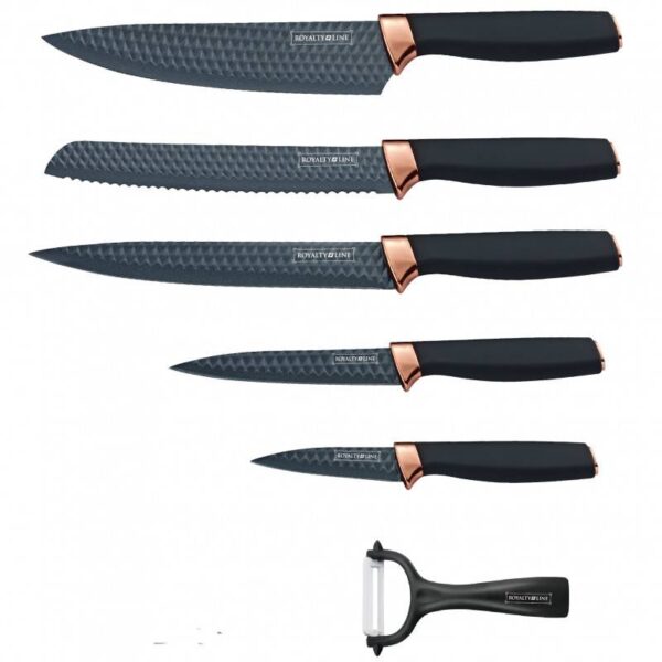 Комплект ножове Royalty Line RL-DC5B, 6 части, Белачка, Незалепващо покритие, Черен/сив - Technomani