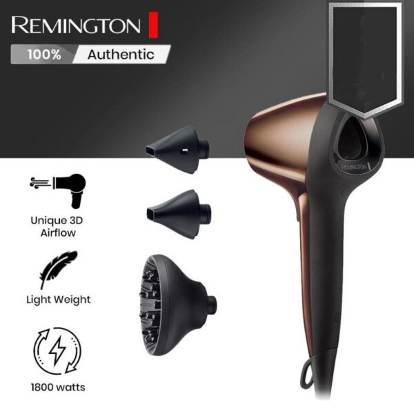Сешоар Remington AIR3D D7777, 1800W, Йонизация, DC мотор, 3D поток на въздуха, Кафяв - Technomani
